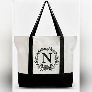 Monogrammed Embroidered Canvas Tote Bag Zipper Pocket Personalized Gift Letter N